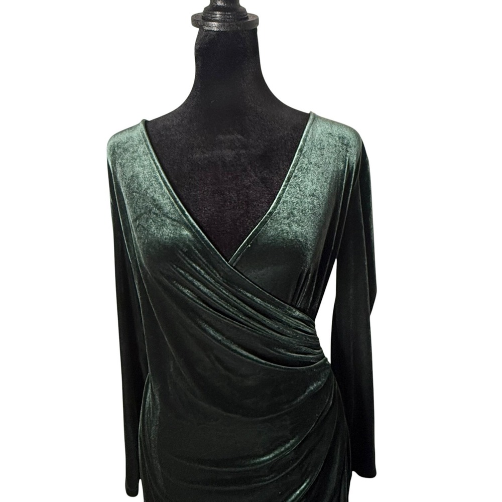 Banana Republic Velvet Wrap Dress Womens XS Green Long Sleeve Stretch Ruched - Picture 5 of 10